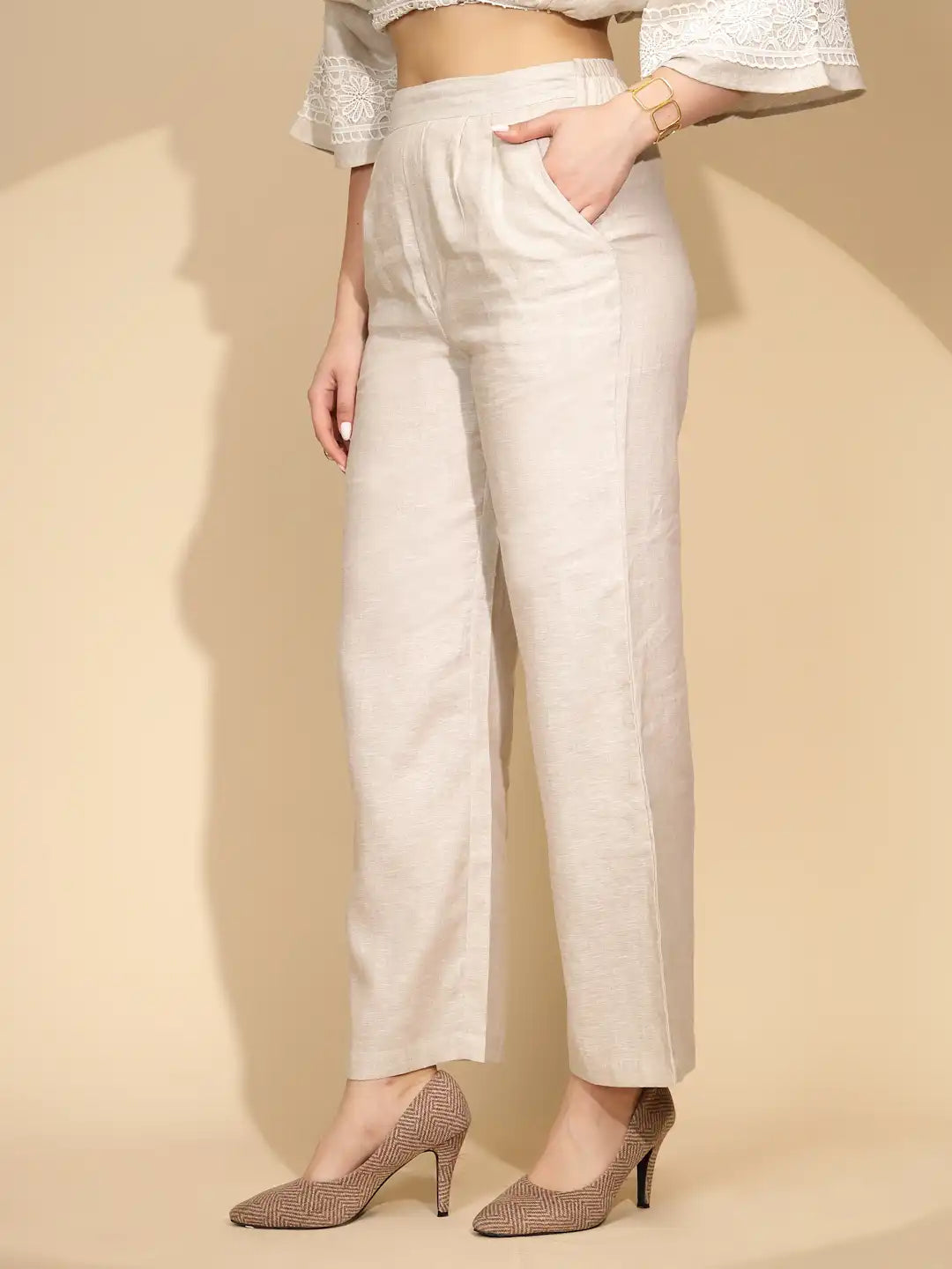 Beige Linen Straight  Fit Trouser For Women