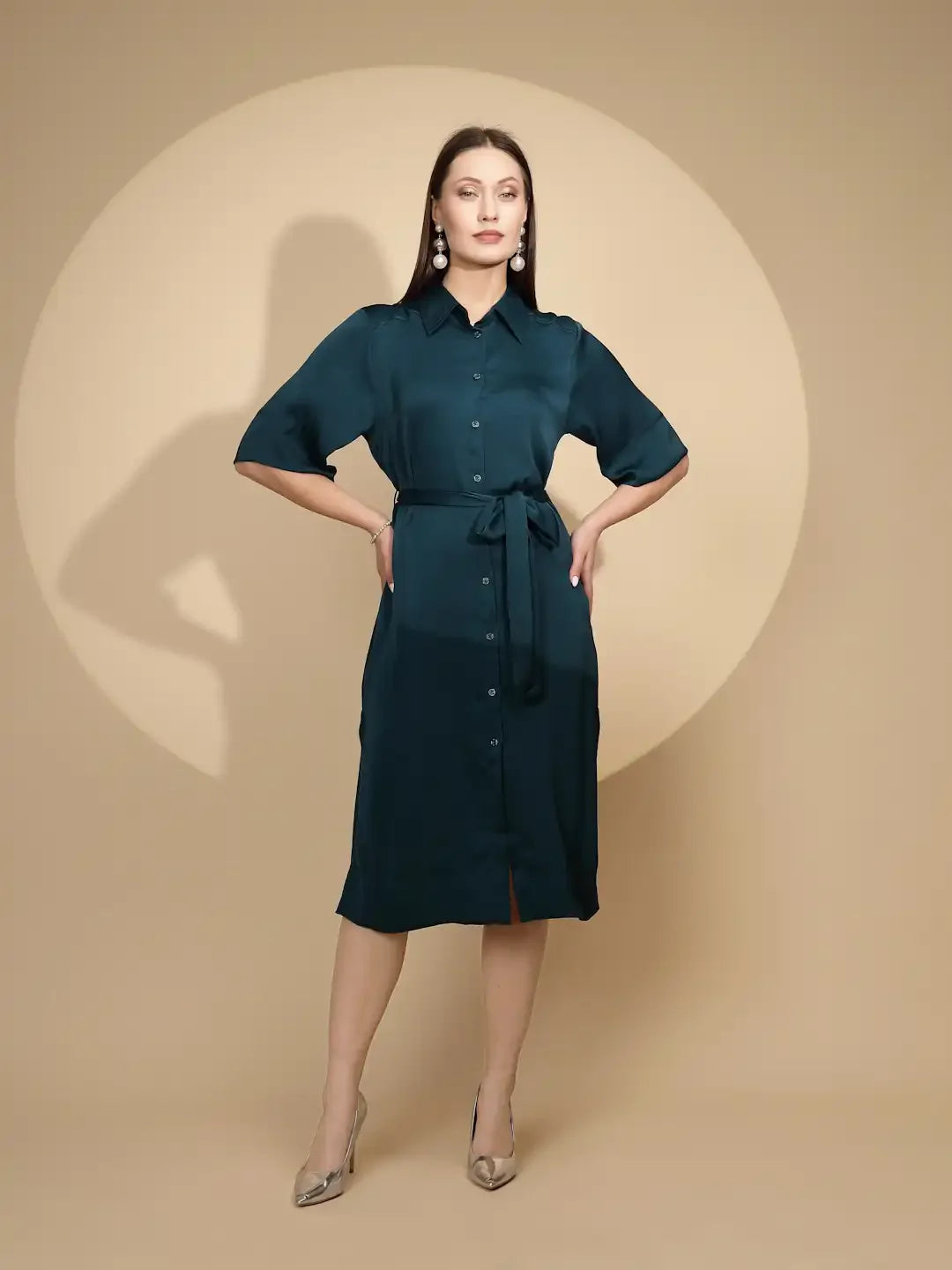 Teal Blue Regular Fit Dress For Women - Global Republic