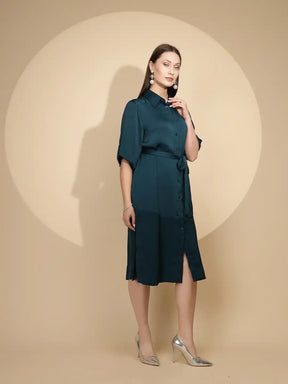 Teal Blue Polyester Blend Regular Fit Dress For Women