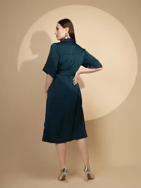 Teal Blue Polyester Blend Regular Fit Dress For Women