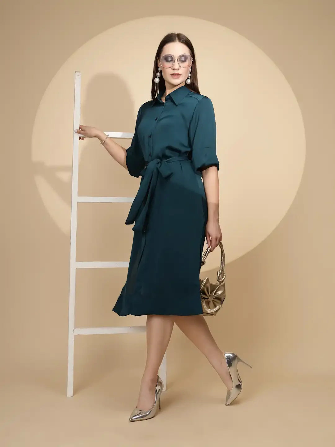 Teal Blue Regular Fit Dress For Women - Global Republic
