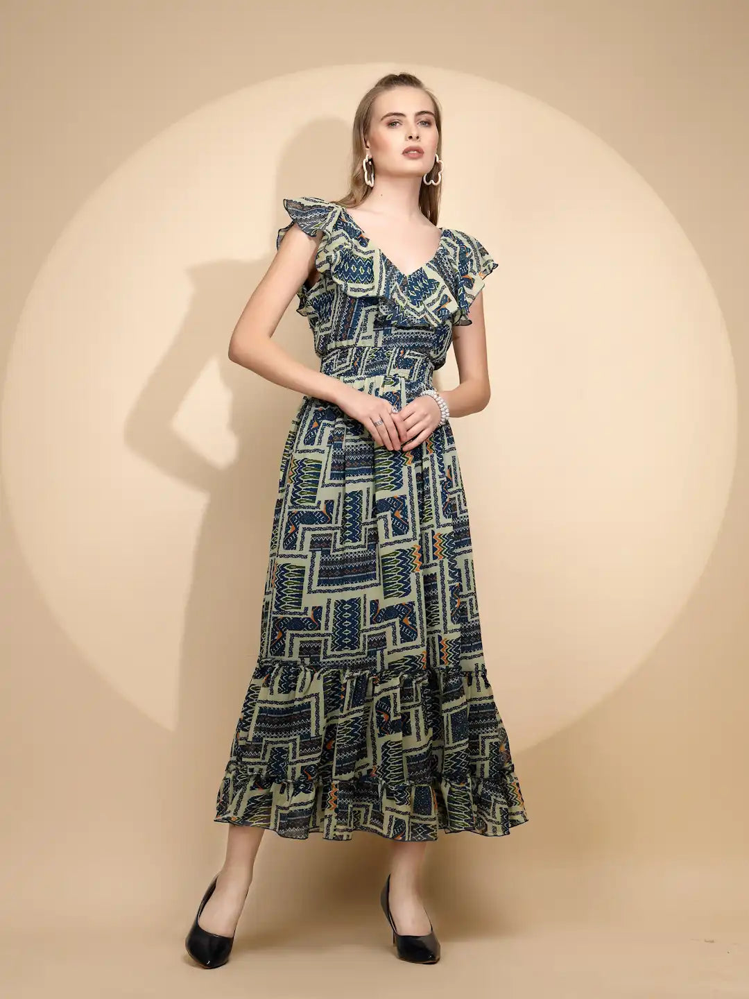 Blue And White Regular Fit Dress For Women - Global Republic