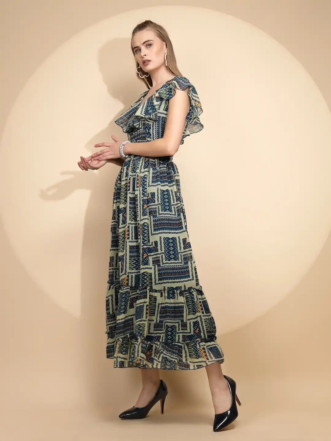 Blue And White Regular Fit Dress For Women - Global Republic