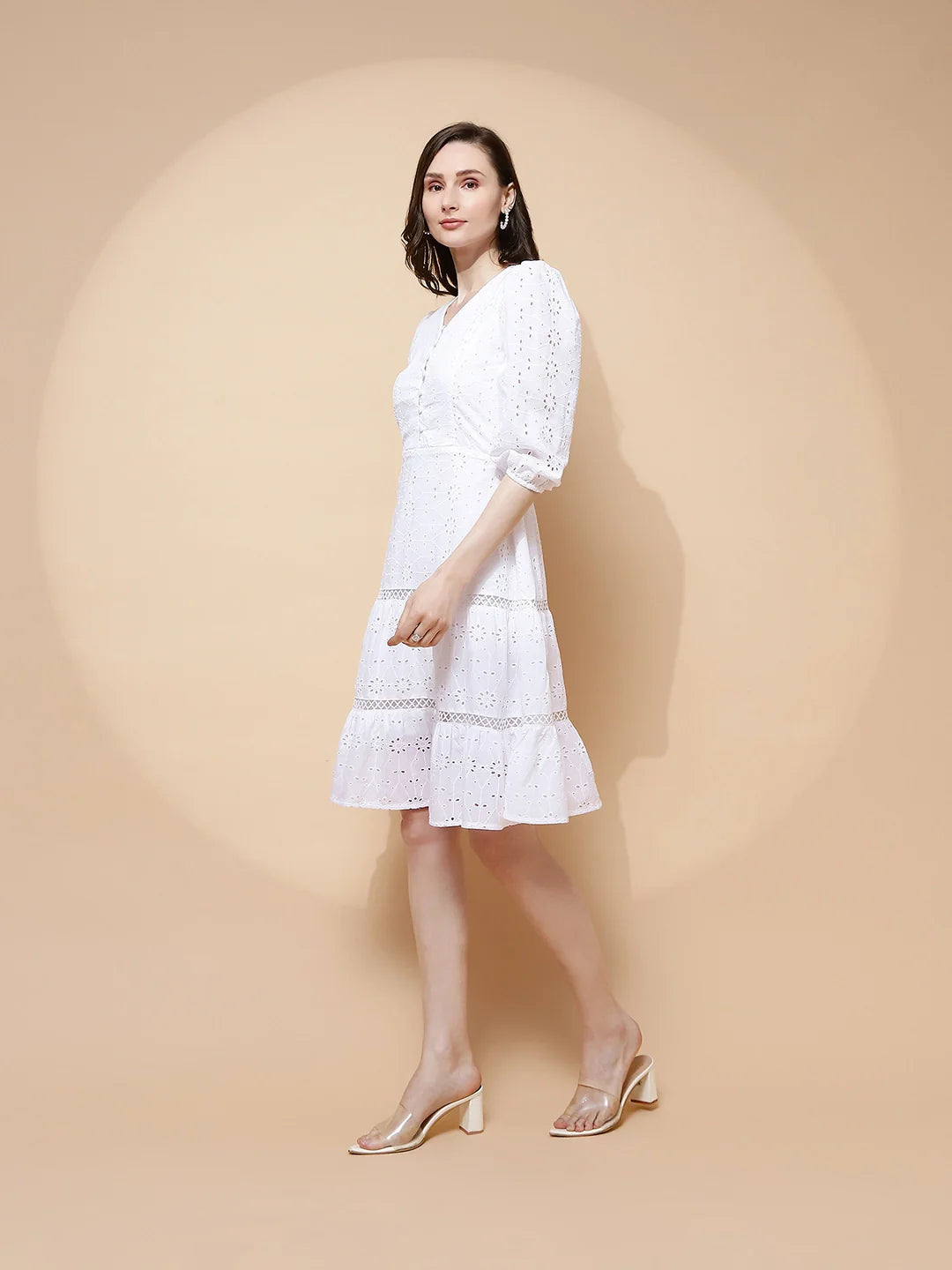 White Cotton Schiffli Flared Dress For Women - Global Republic