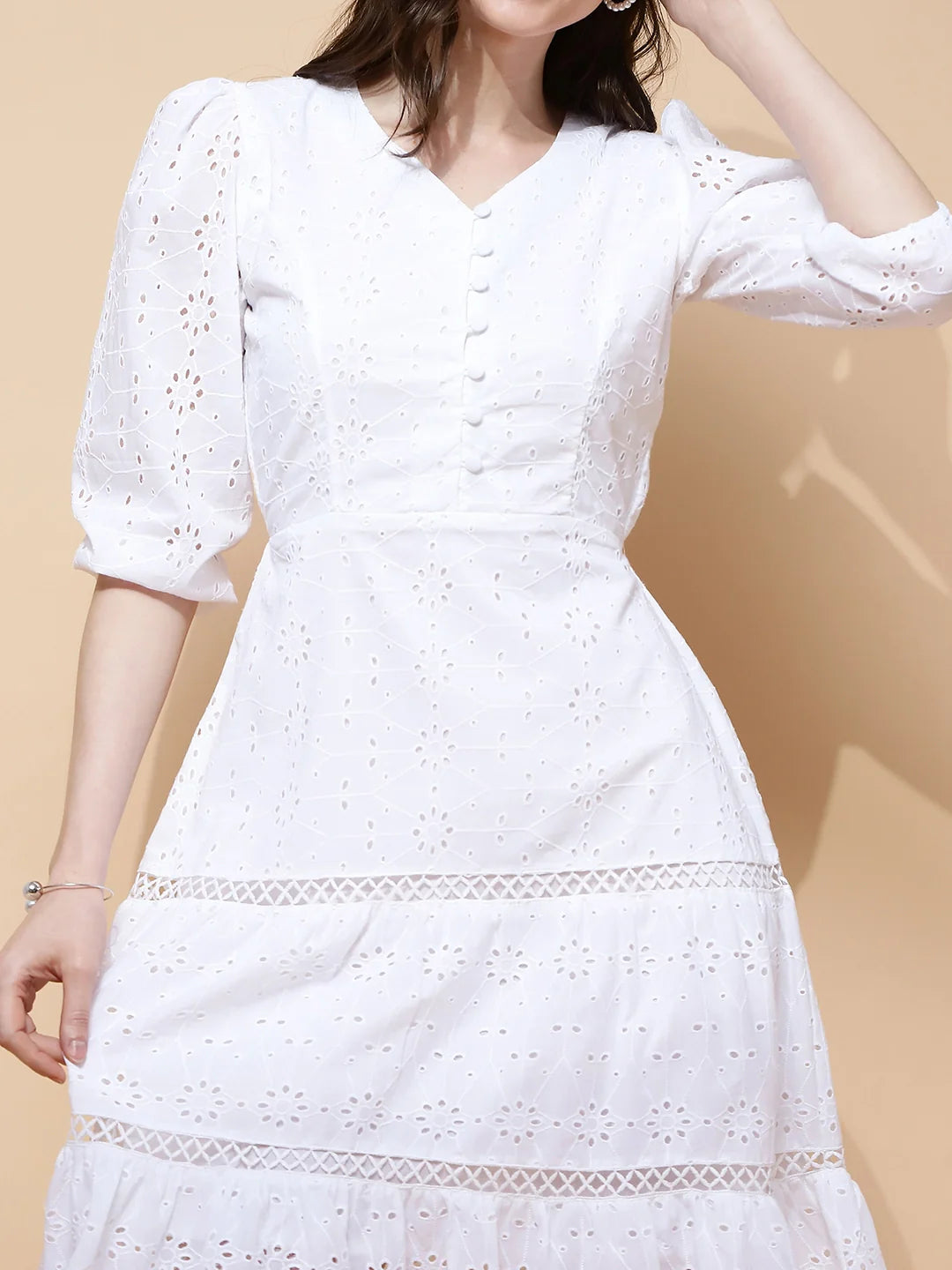 White Cotton Schiffli Flared Dress For Women - Global Republic