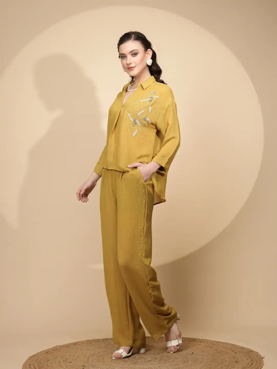 Mustard Rayon Regular Fit Co-Ord Set For Women - Global Republic
