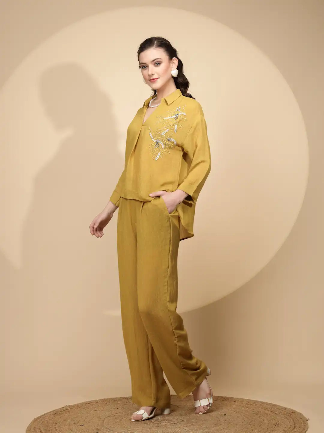 Mustard Rayon Regular Fit Co-Ord Set For Women