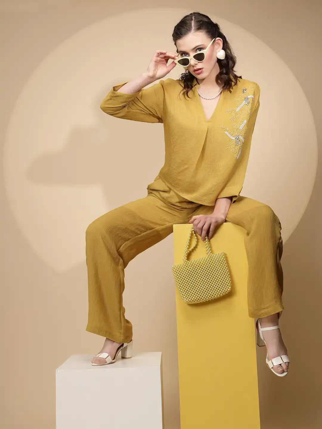 Mustard Rayon Regular Fit Co-Ord Set For Women