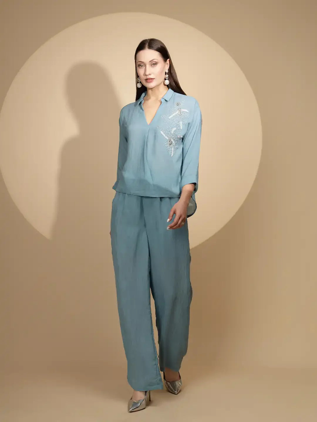 Powder Blue Rayon Regular Fit Co-Ord Set For Women