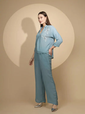 Powder Blue Rayon Regular Fit Co-Ord Set For Women