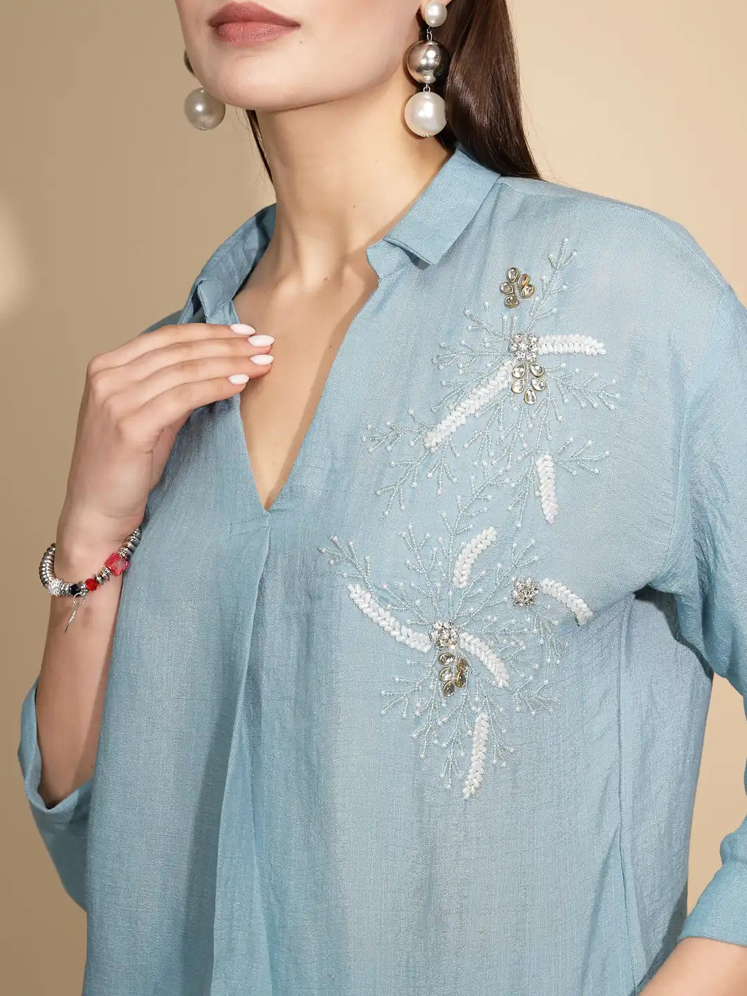 Powder Blue Rayon Regular Fit Co-Ord Set For Women - Global Republic