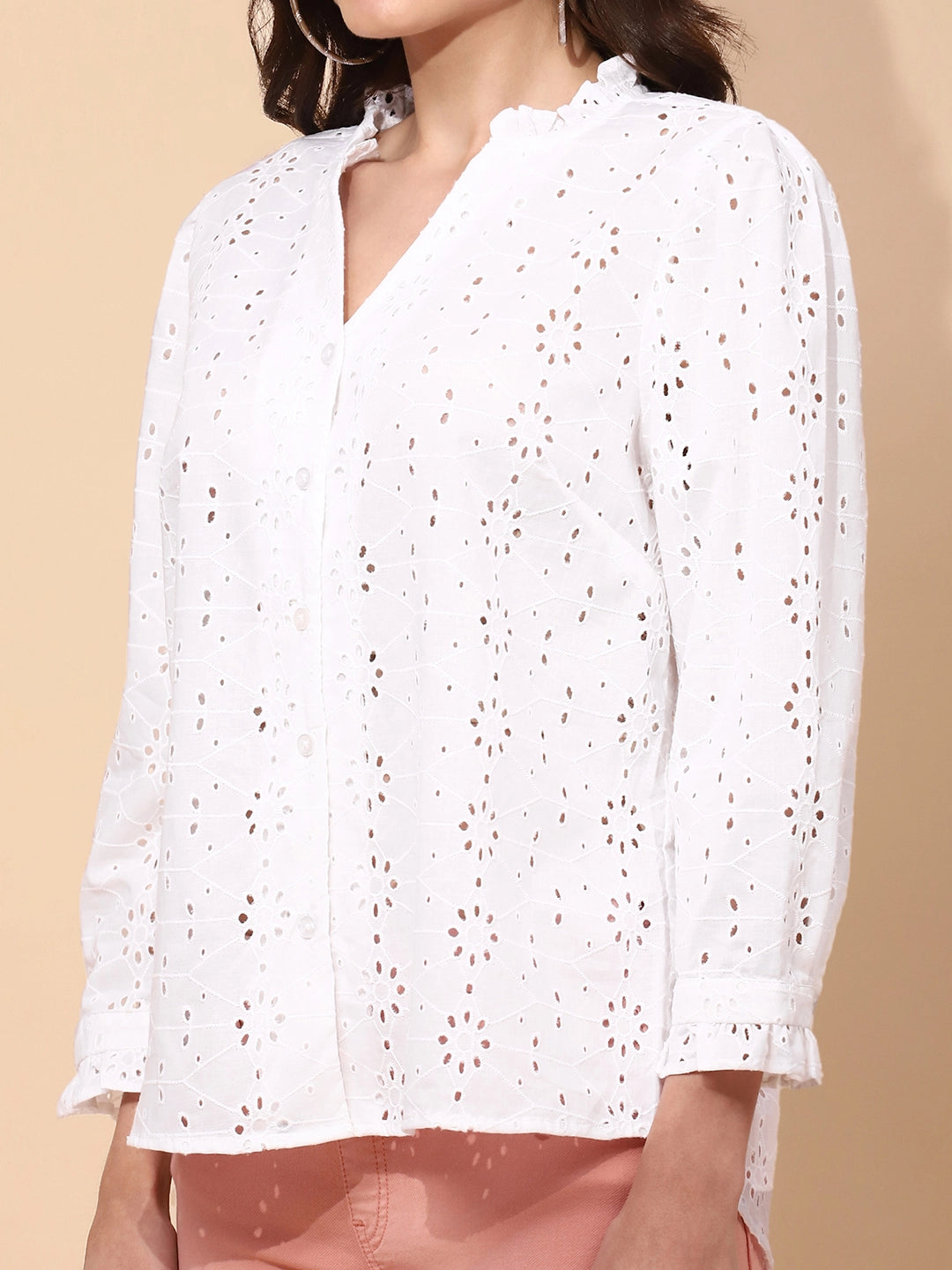 White Cotton Regular Fit Schiffli Shirt - Global Republic