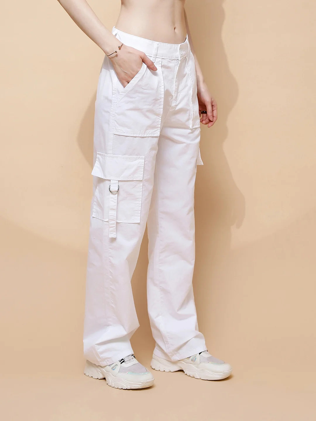 White Cotton Relaxed Fit Cargo - Global Republic