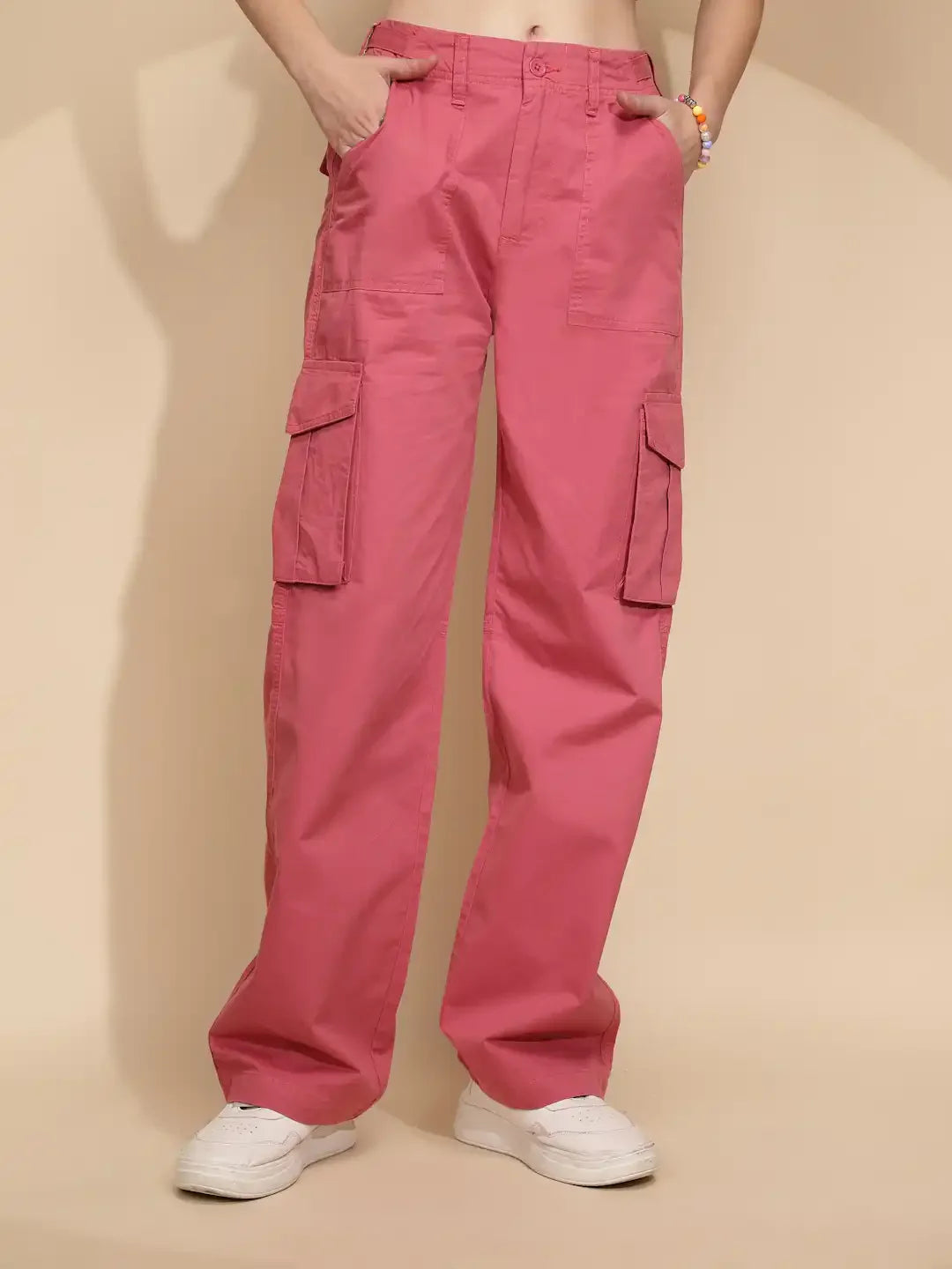 Peach Cotton Straight Relaxed Fit Cargo For Women - Global Republic