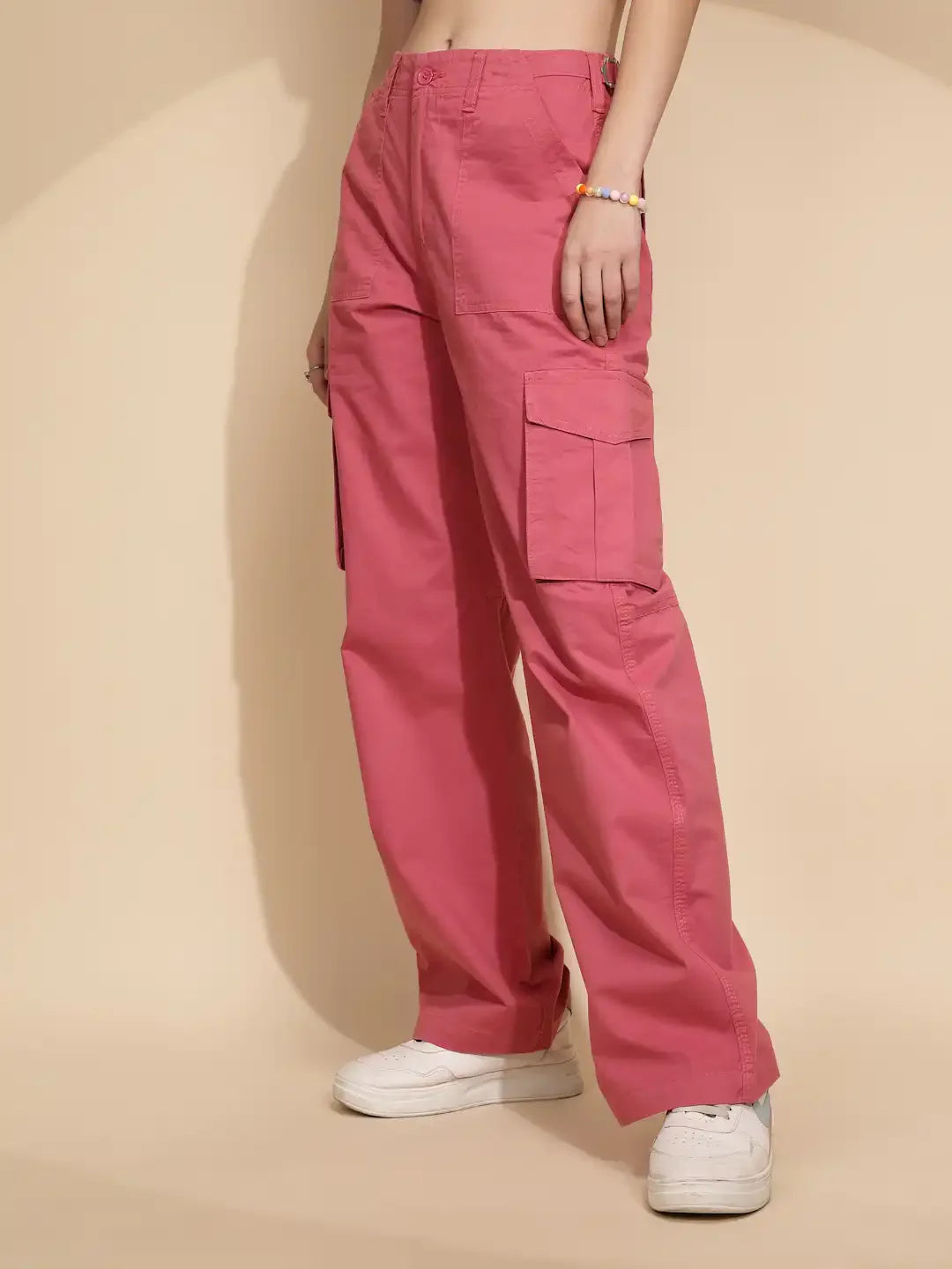 Peach Cotton Straight Relaxed Fit Cargo For Women - Global Republic