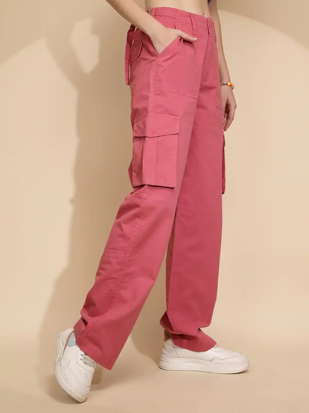 Peach Cotton Straight Relaxed Fit Cargo For Women - Global Republic
