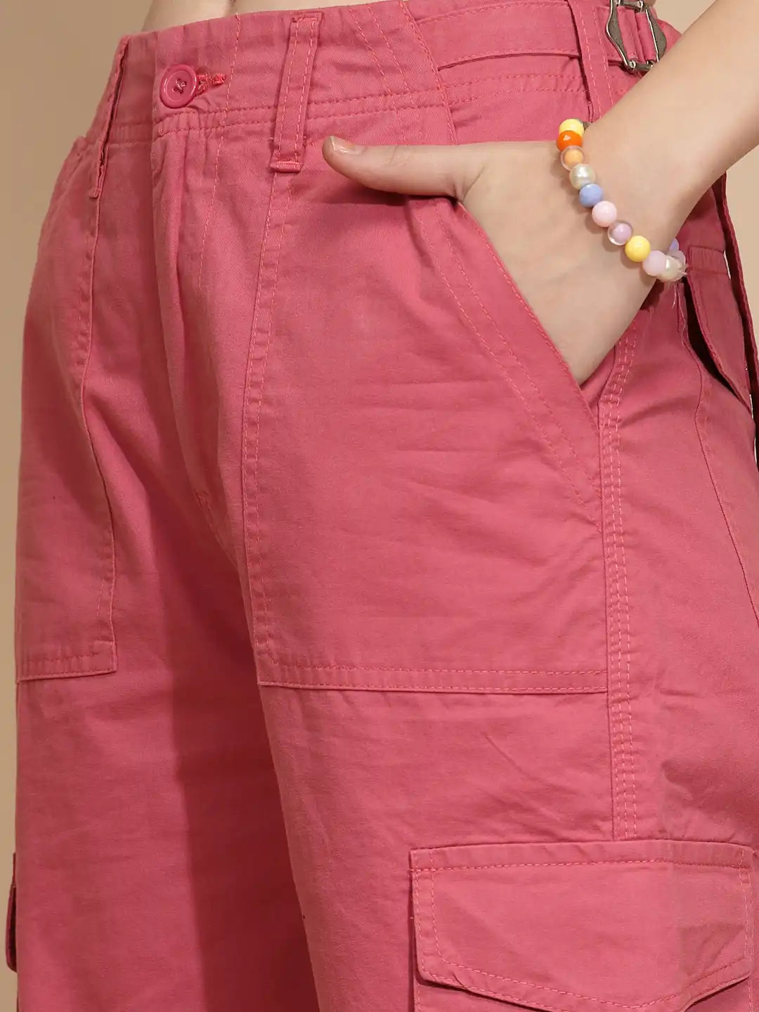 Peach Cotton Straight Relaxed Fit Cargo For Women - Global Republic