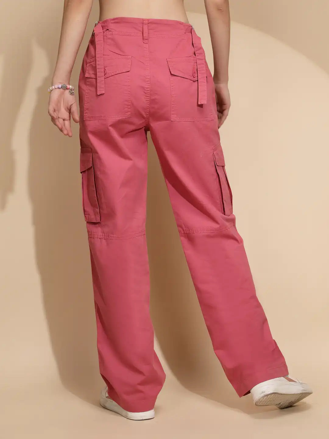 Peach Cotton Straight Relaxed Fit Cargo For Women - Global Republic