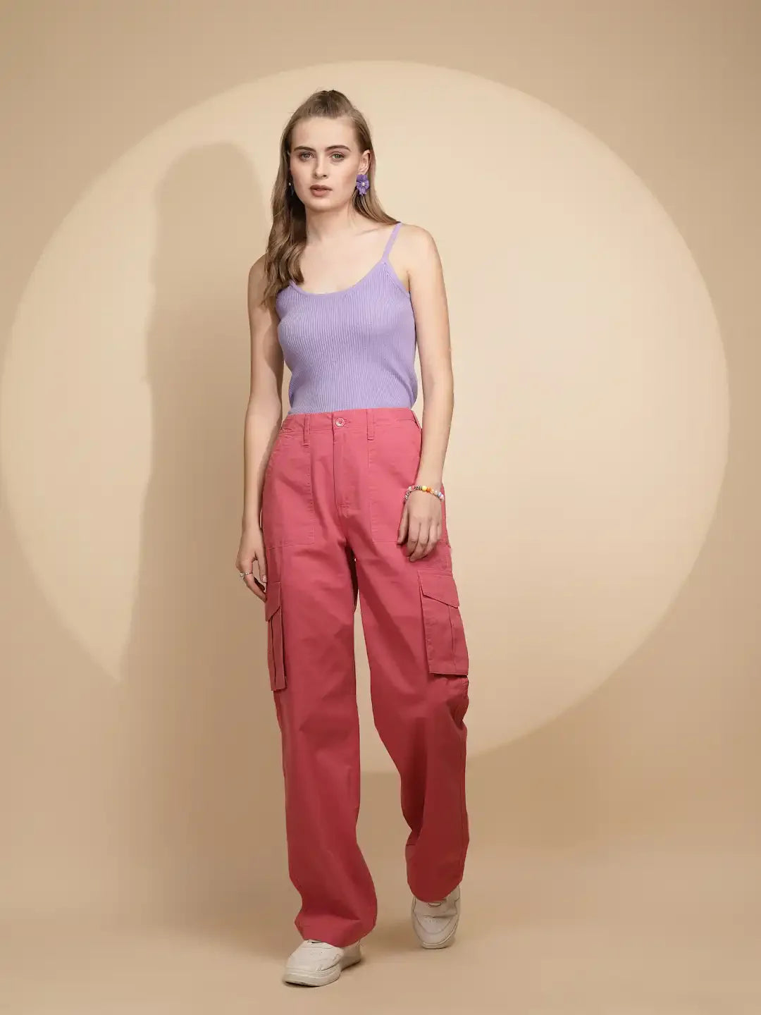 Peach Cotton Straight Relaxed Fit Cargo For Women - Global Republic