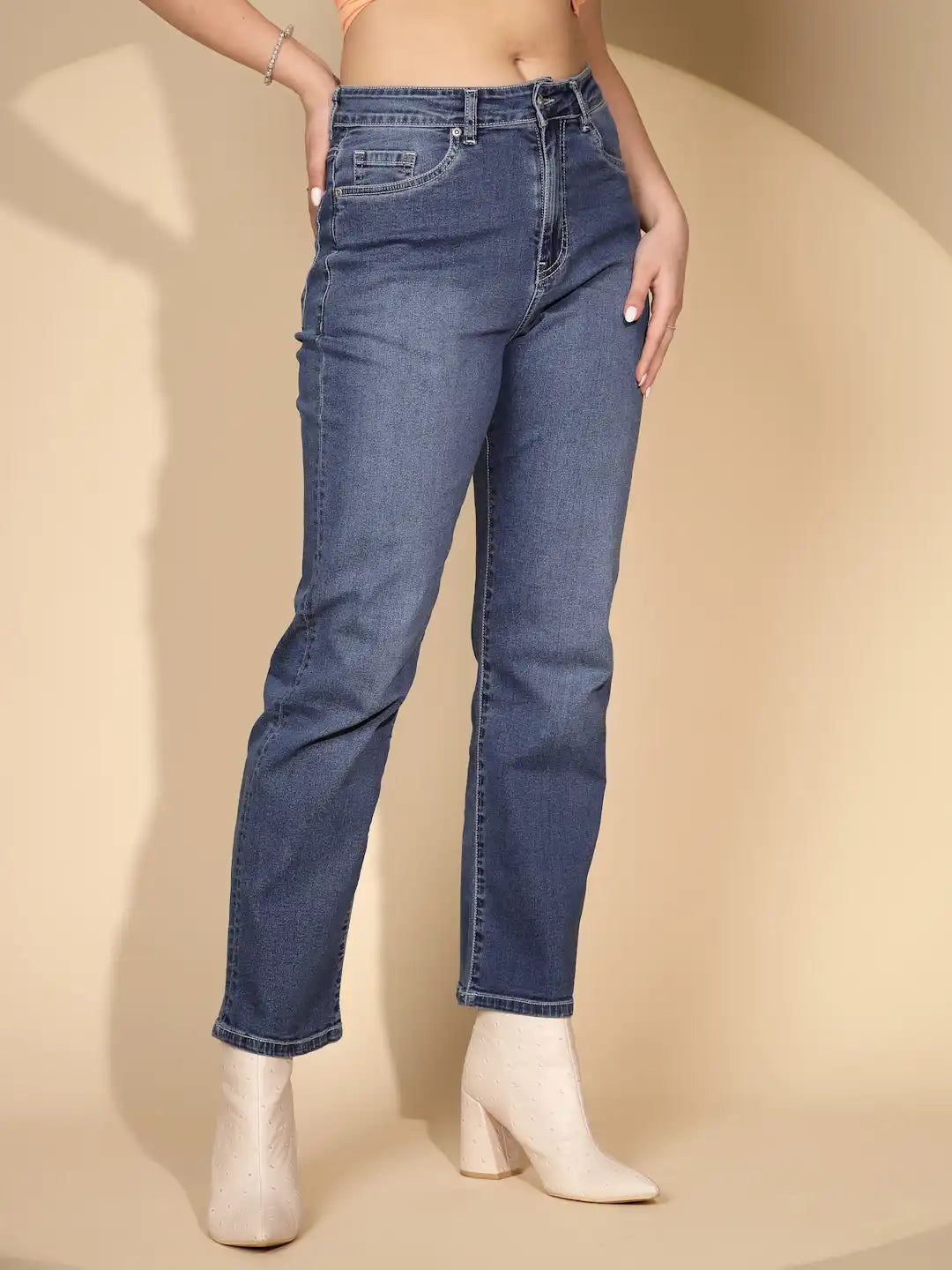 Blue Cotton Blend Straight Fit Jeans - Global Republic
