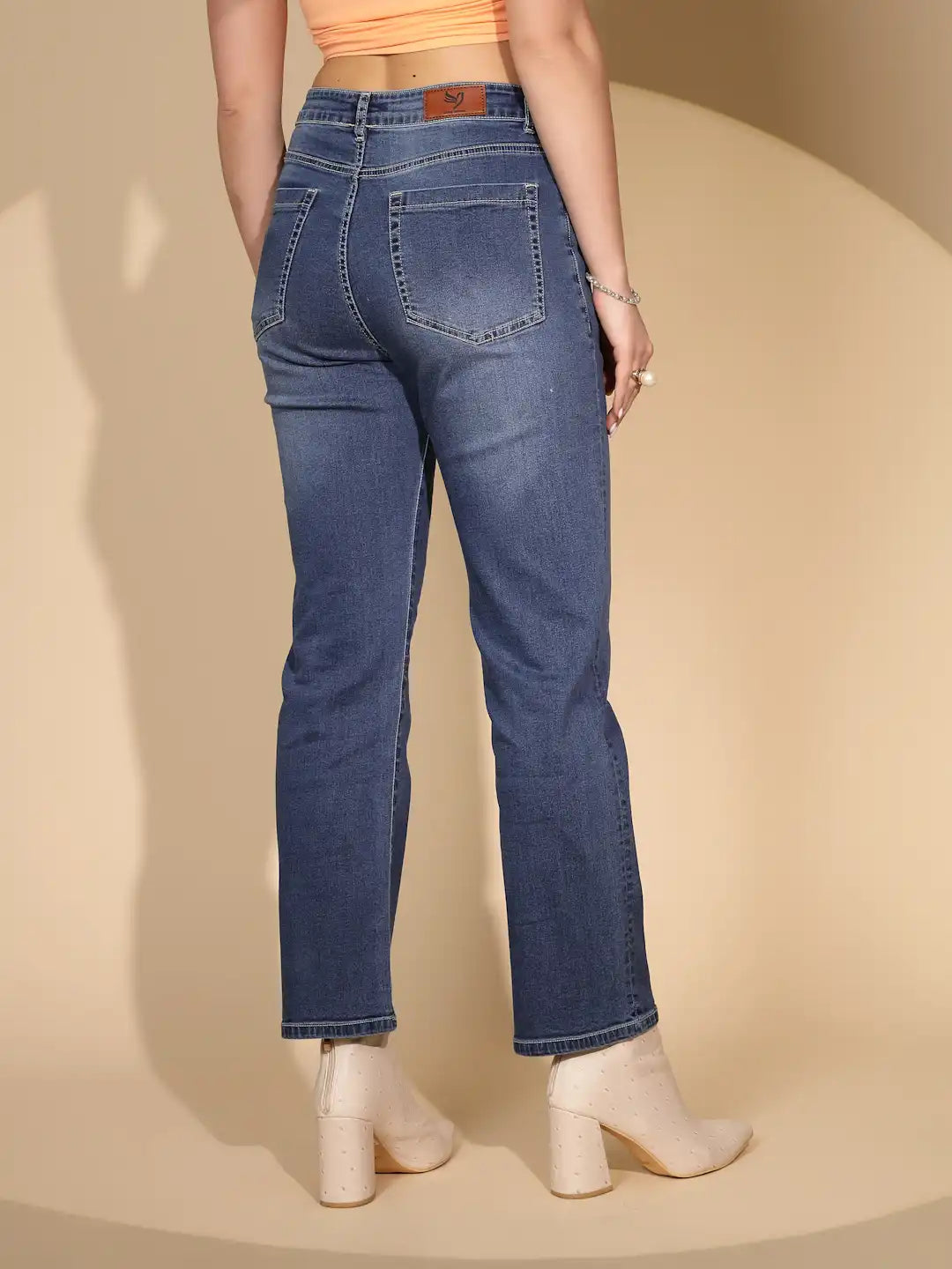 Blue Cotton Blend Straight Fit Jeans - Global Republic