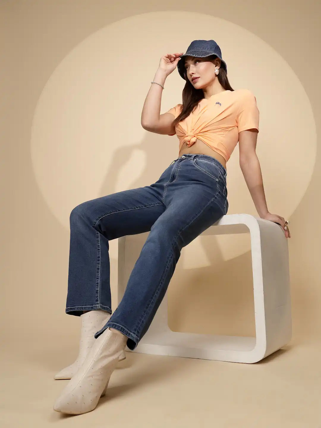 Blue Cotton Blend Straight Fit Jeans - Global Republic
