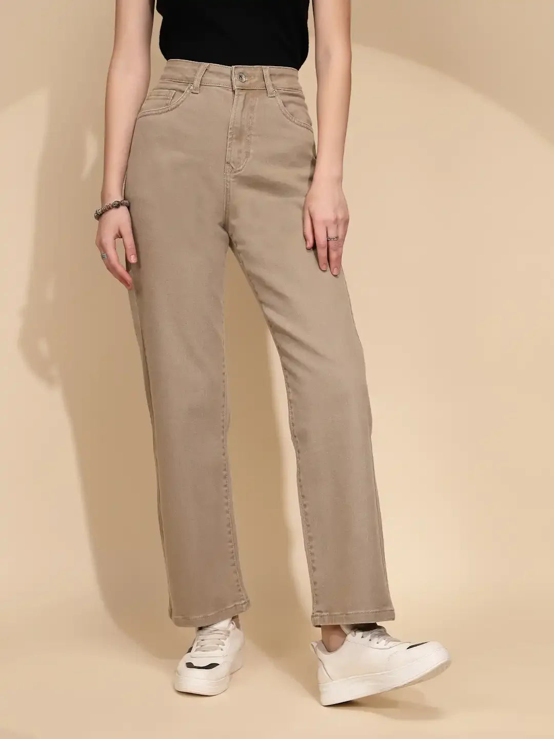 Khaki Cotton Straight Slim Fit Jeans For Women