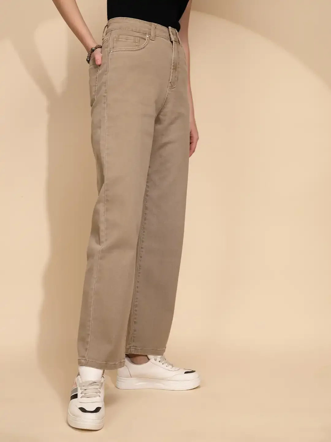 Khaki Cotton Straight Slim Fit Jeans For Women