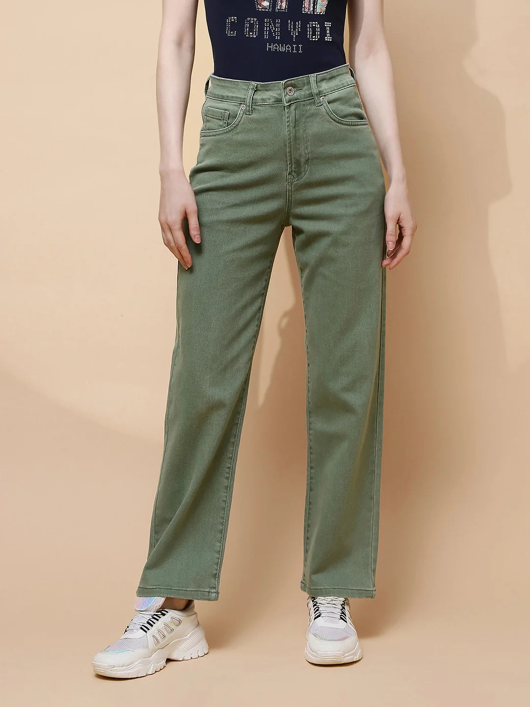 Olive Cotton Straight Slim Fit Jeans For Women