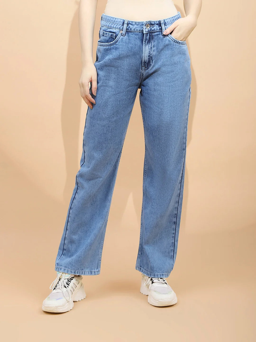 Blue Cotton Blend Straight Slim Jeans For Women