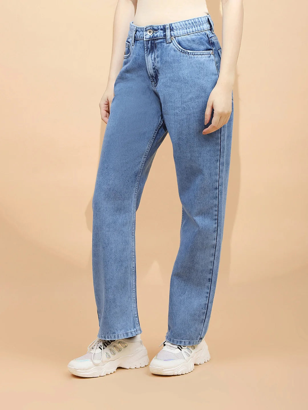 Blue Cotton Blend Straight Slim Jeans For Women