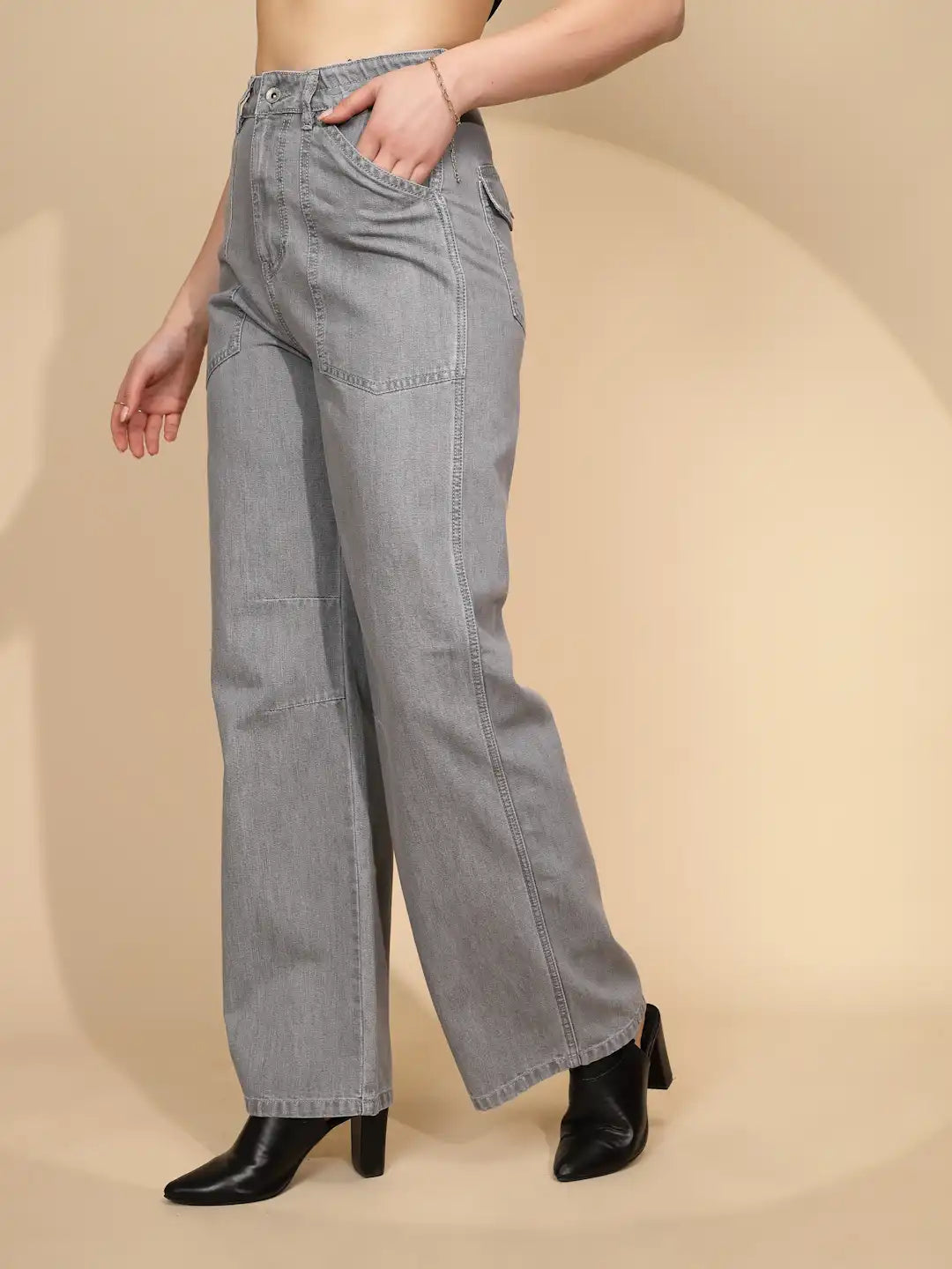 Grey Cotton Straight Loose Fit Jeans - Global Republic