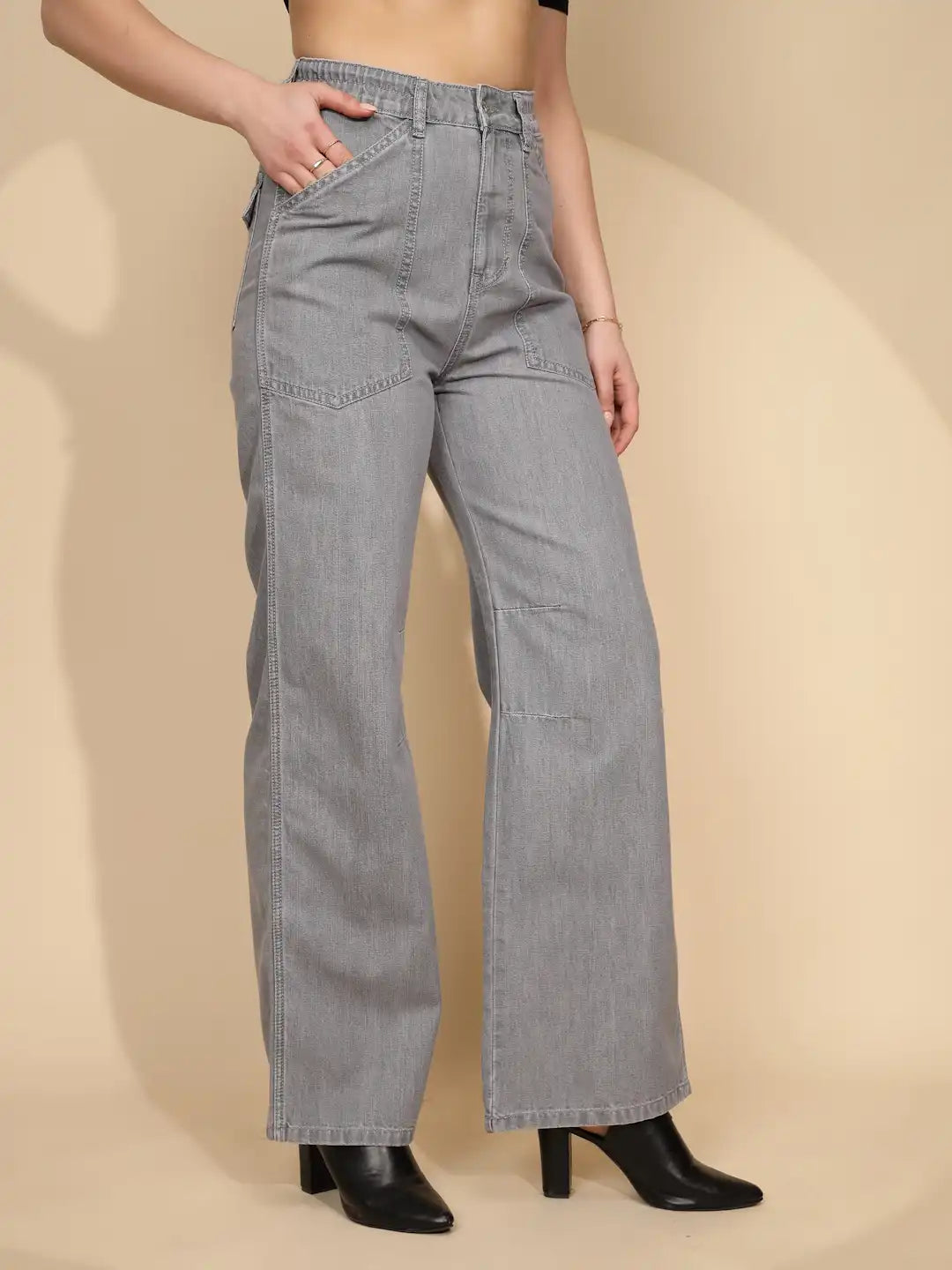 Grey Cotton Straight Loose Fit Jeans - Global Republic