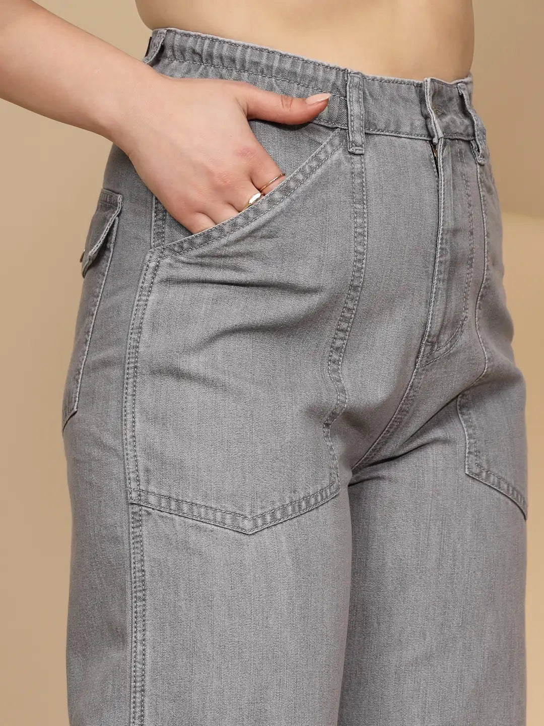 Grey Cotton Straight Loose Fit Jeans - Global Republic