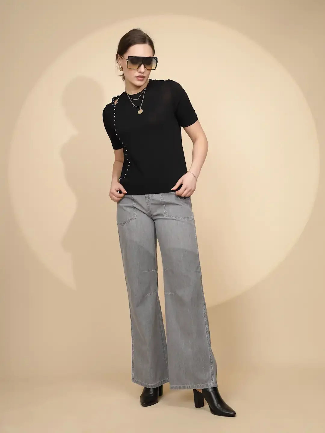 Grey Cotton Straight Loose Fit Jeans - Global Republic