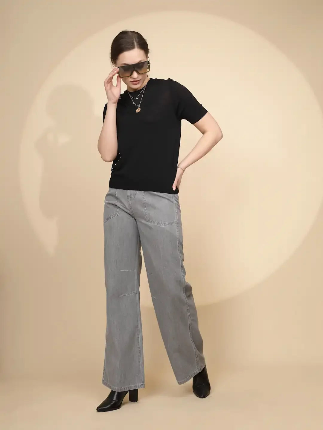 Grey Cotton Straight Loose Fit Jeans - Global Republic