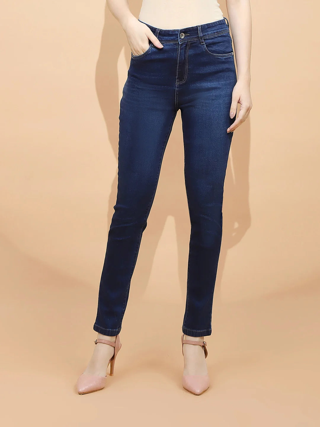 Dark Blue Cotton Blend Slim Fit Jeans For Women