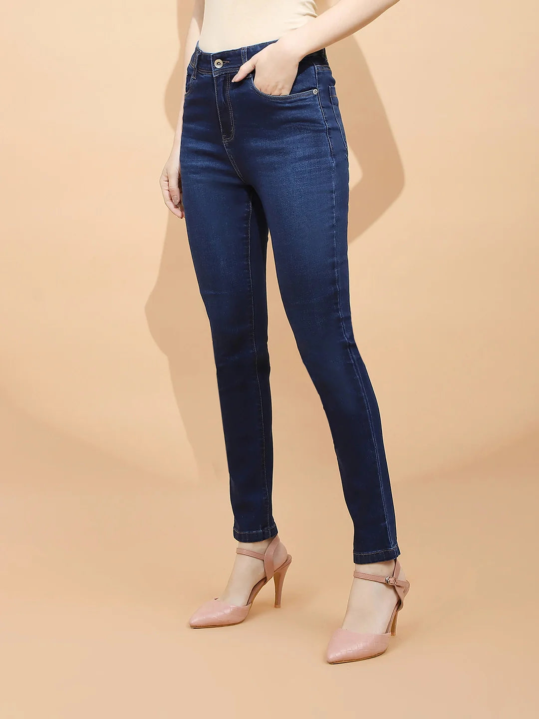 Dark Blue Cotton Blend Slim Fit Jeans For Women
