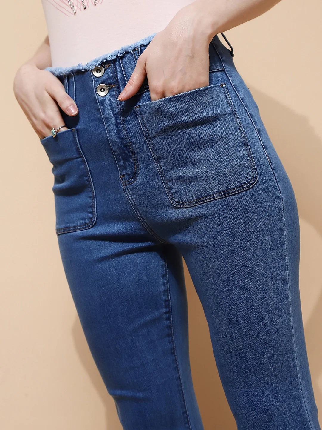 Blue Cotton Blend Bootcut Slim Fit Jeans For Women