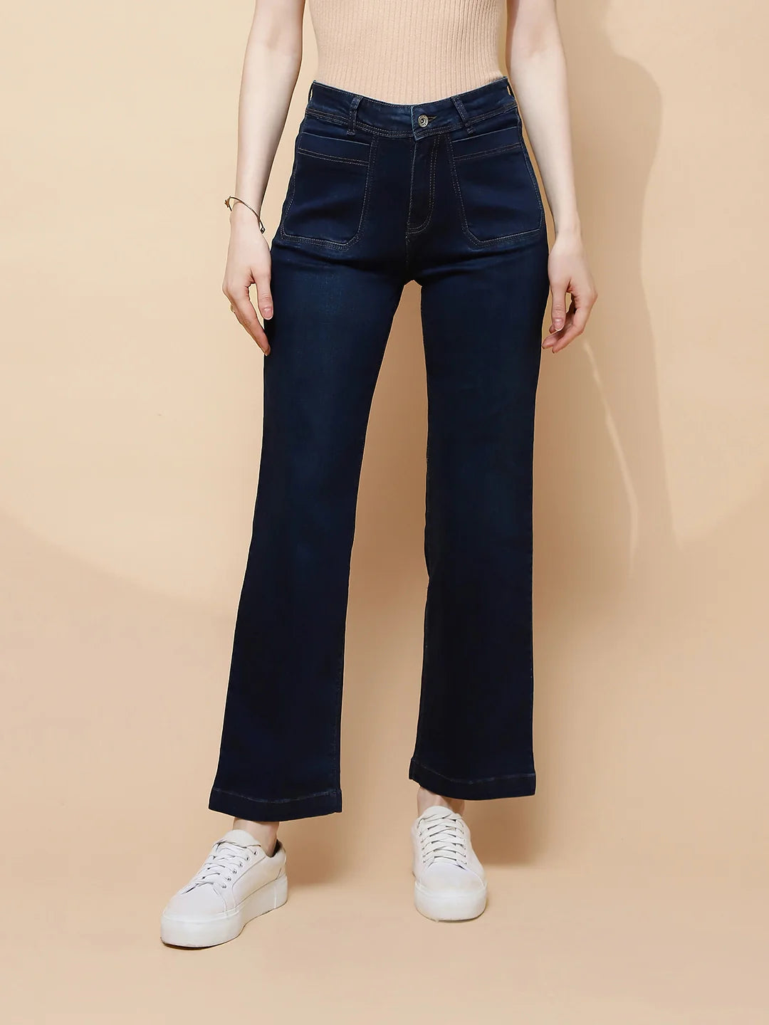 Dark Blue Cotton Blend Straight Slim Fit Jeans For Women