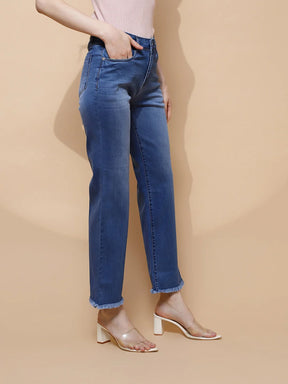 Blue Cotton Blend Straight Slim Fit Jeans For Women