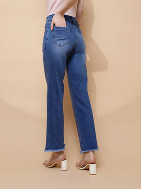 Blue Cotton Blend Straight Slim Fit Jeans For Women