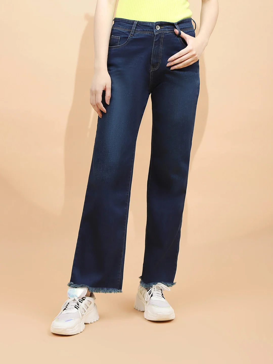 Dark Blue Cotton Blend Straight Slim Jeans For Women