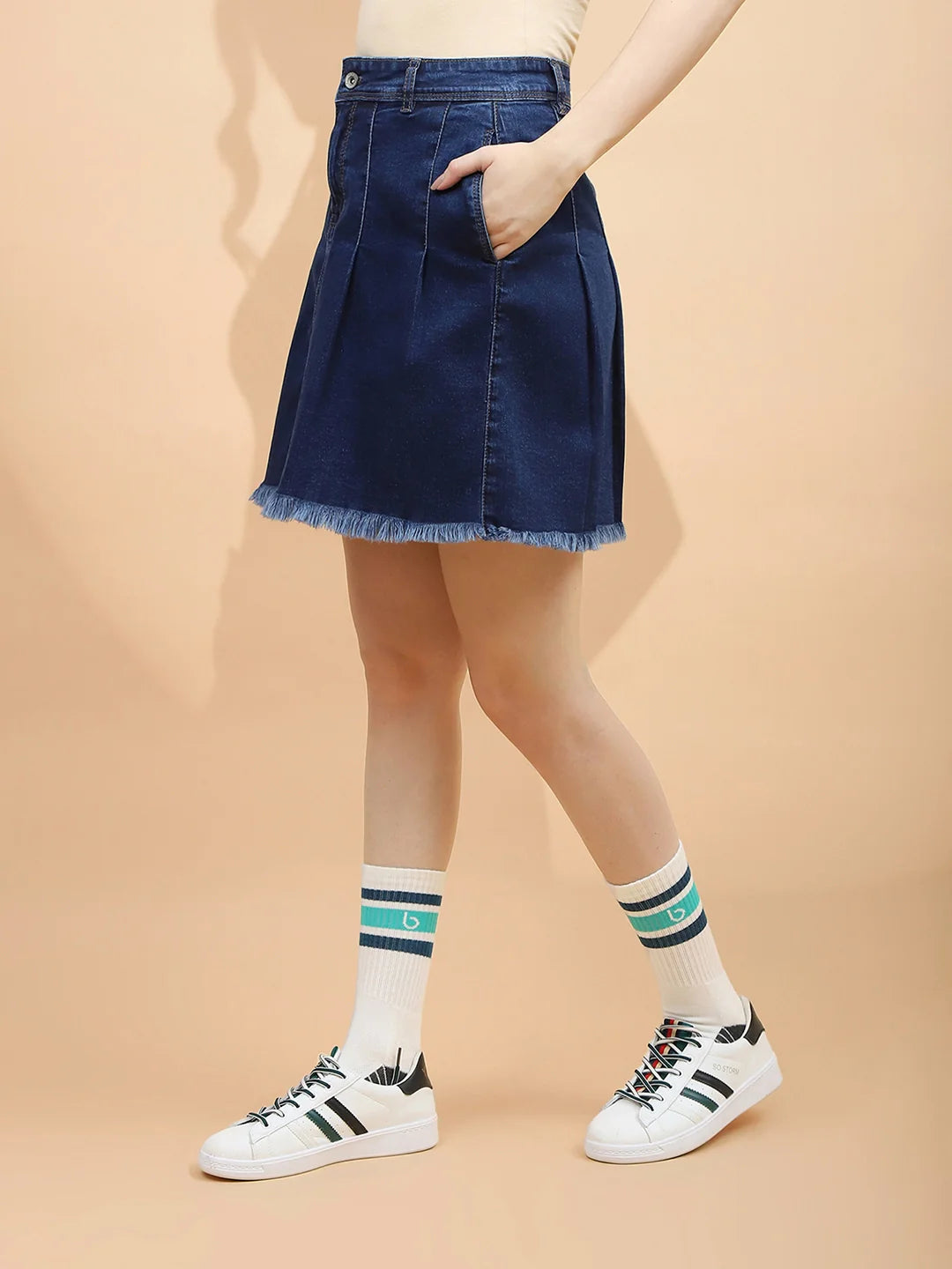 Blue Cotton Blend Regular Fit Skirt - Global Republic