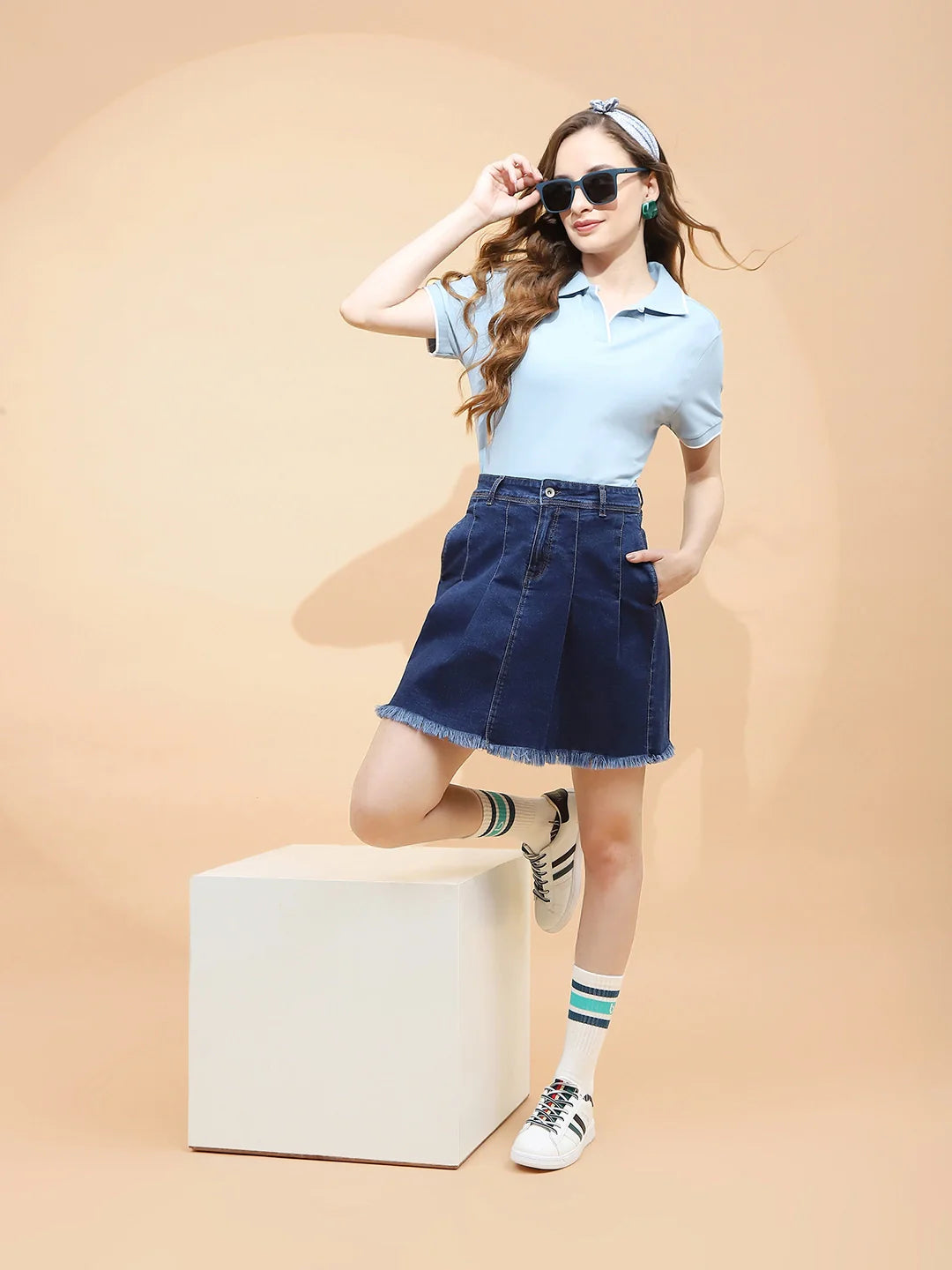 Blue Cotton Blend Regular Fit Skirt - Global Republic