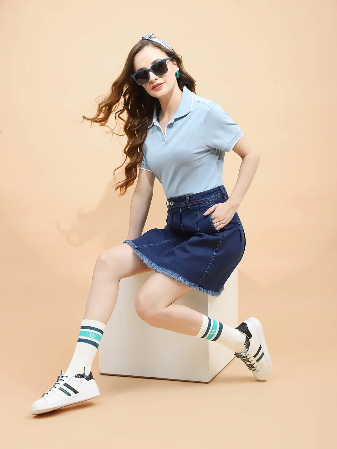Blue Cotton Blend Regular Fit Skirt - Global Republic