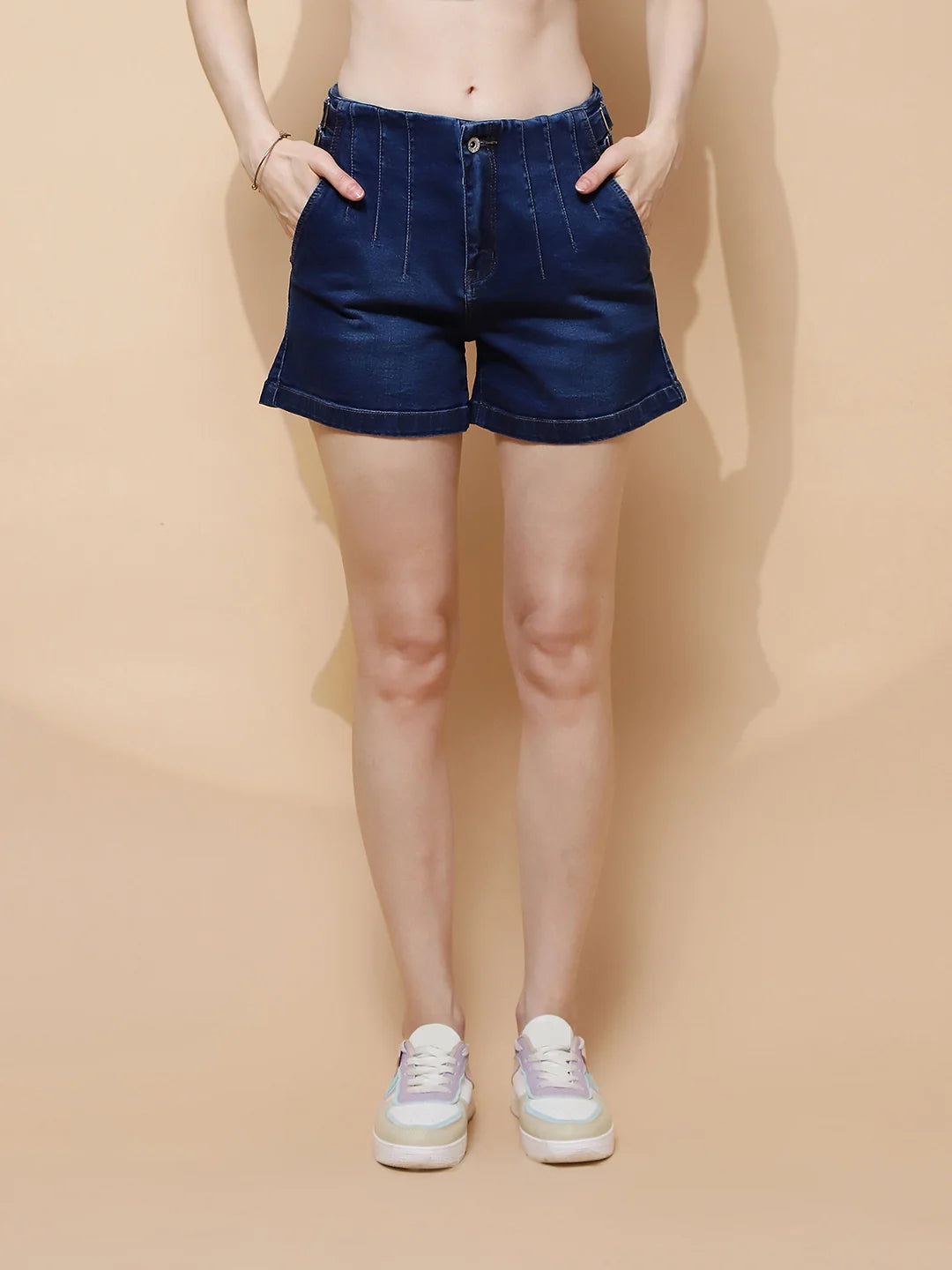 Dark Blue Cotton Blend Regular Fit Shorts For Women