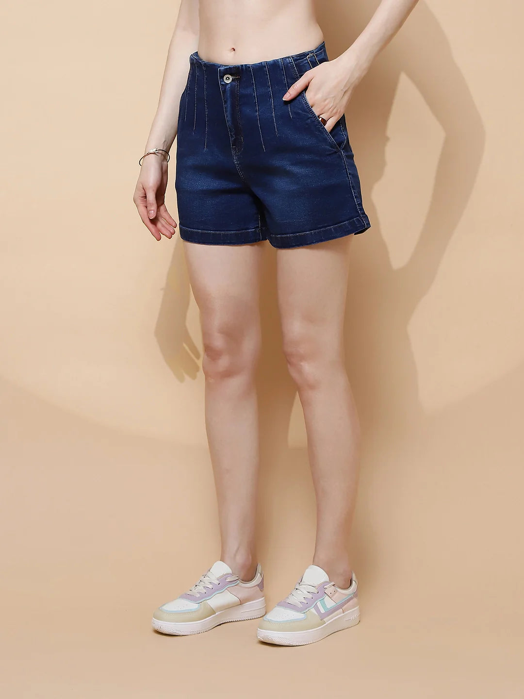 Dark Blue Cotton Blend Regular Fit Shorts For Women