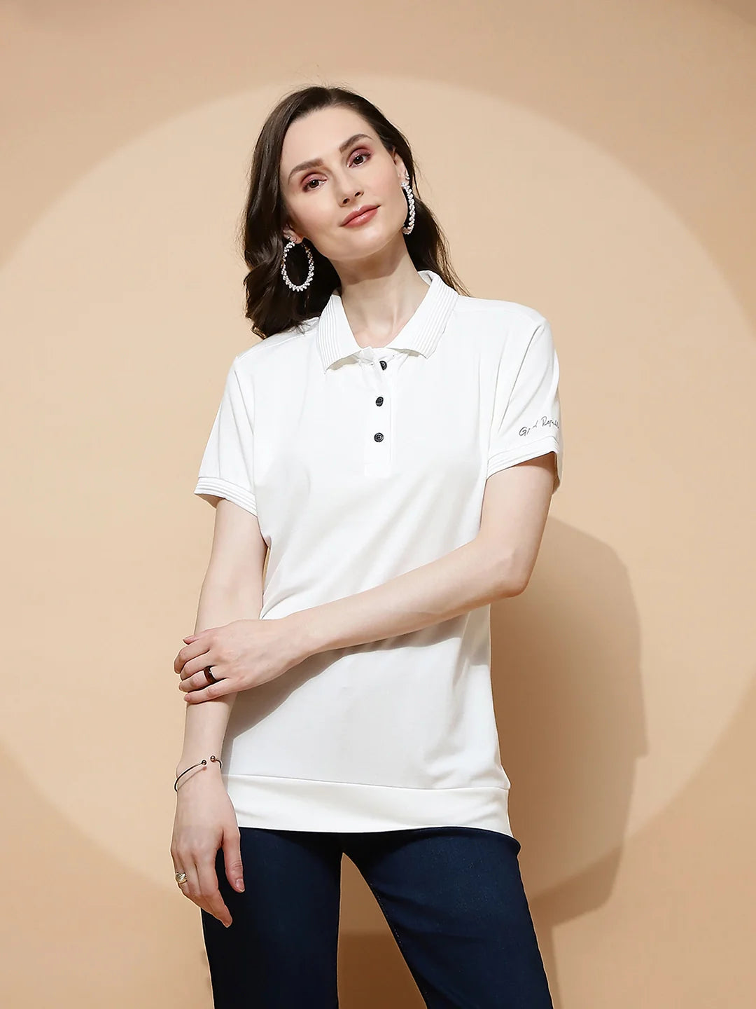 Off White Rayon Blend Regular Fit T-Shirt For Women - Global Republic