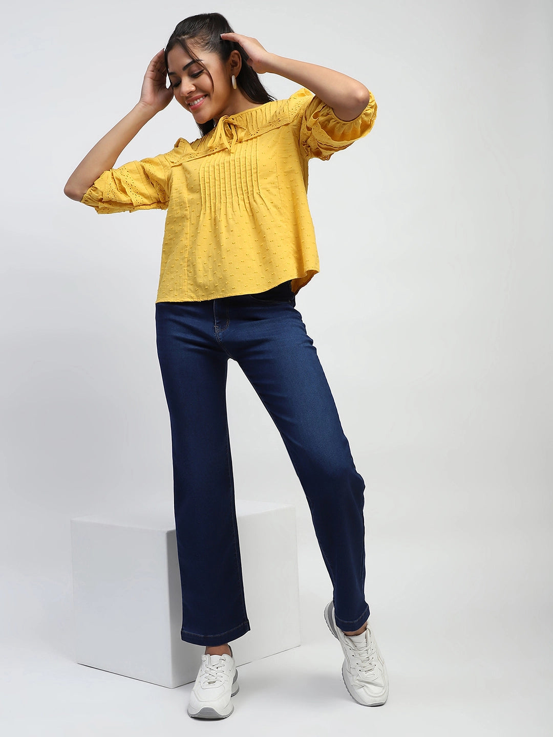 Mustard Dobby Cotton Regular Fit Blouse - Global Republic